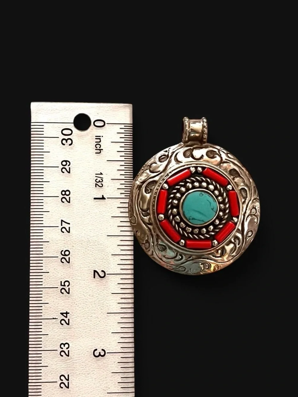 Large Southwestern Turquoise & Coral Tibetan Silver Medallion Pendant